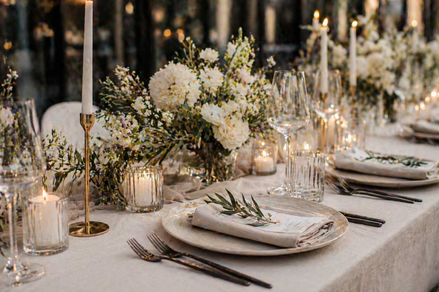 Elegante Tischdekoration bei einer Hochzeit mit Blumen und Kerzen